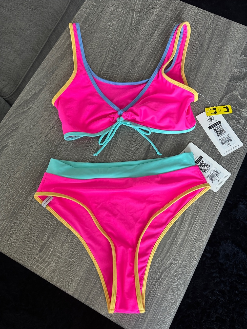 NWT Body Glove Neon Pink Bikini Set with Teal and Yellow Trim